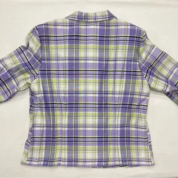 Dress Barn Blazer SZ L Purple Green 3/4 Sleeves Plaid Office Wear Vintage Light - Picture 2 of 10